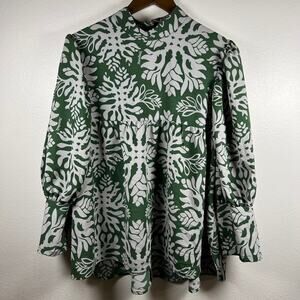 Manuheali'i Green & White Hawaiian Leaf Print Long Sleeve Blouse Babydoll blouse